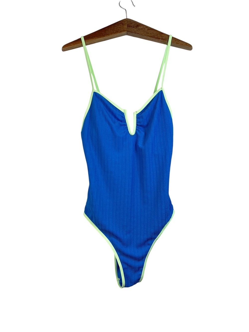 Pink Lily Blue Textured One Piece Strappy Swimsuit Padded Beach Vacation Boho L